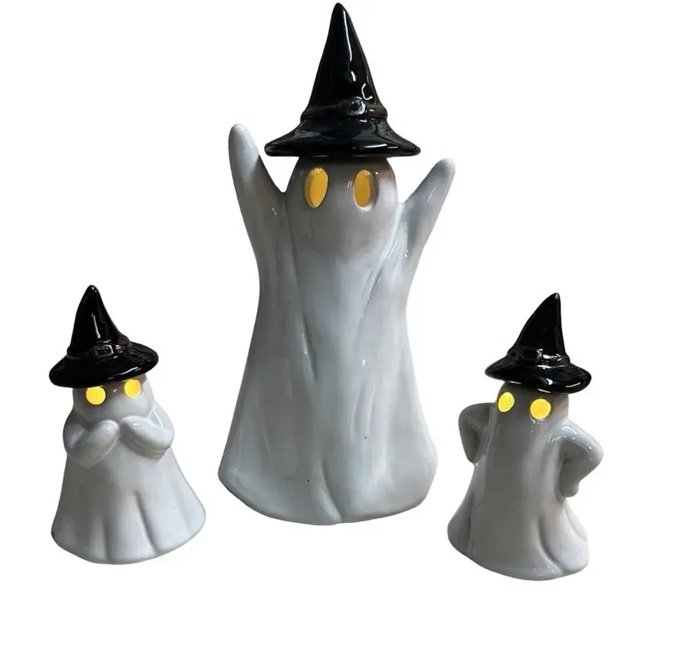 Set of 3 Halloween Ceramic Ghost Witch Hat Light Up Glowing Eyes Figurines
